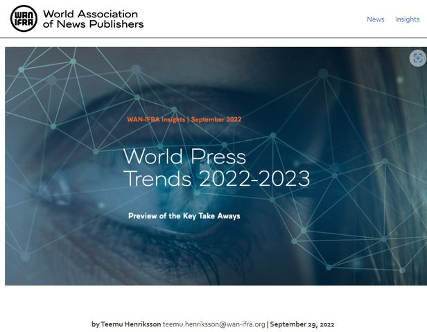 세계신문협회가 2022년 9월29일 내놓은 ‘세계 언론동향(World Press Trends 2022-2023)’/인터넷 캡처