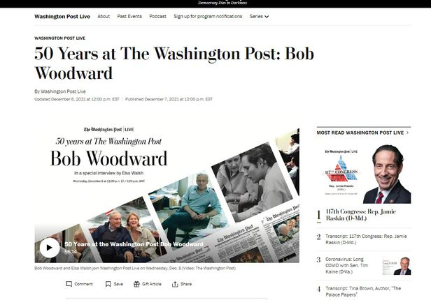 워싱턴포스트는 2021년에 입사 50주년을 맞은 밥 우드워드를 기념해 특집인터뷰 등을 실었다./WashingtonPost