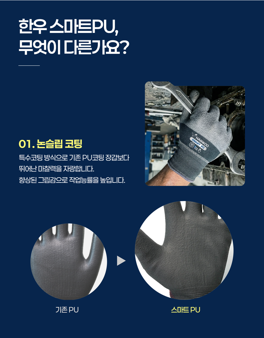 한우 스마트PU 코팅장갑 터치강화 작업용 장갑 개별포장 10켤레