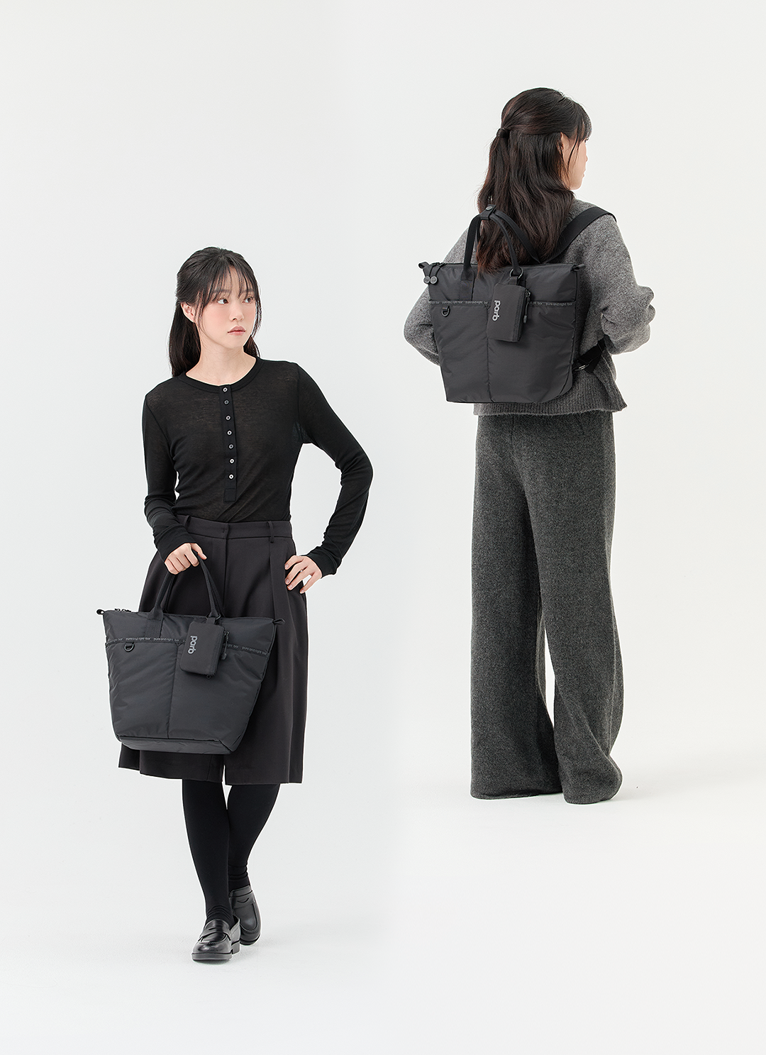 bor 쏙쏙 담아 투웨이 백팩 사용 예시, 토트백과 백팩 두 가지 방식으로 착용한 모습