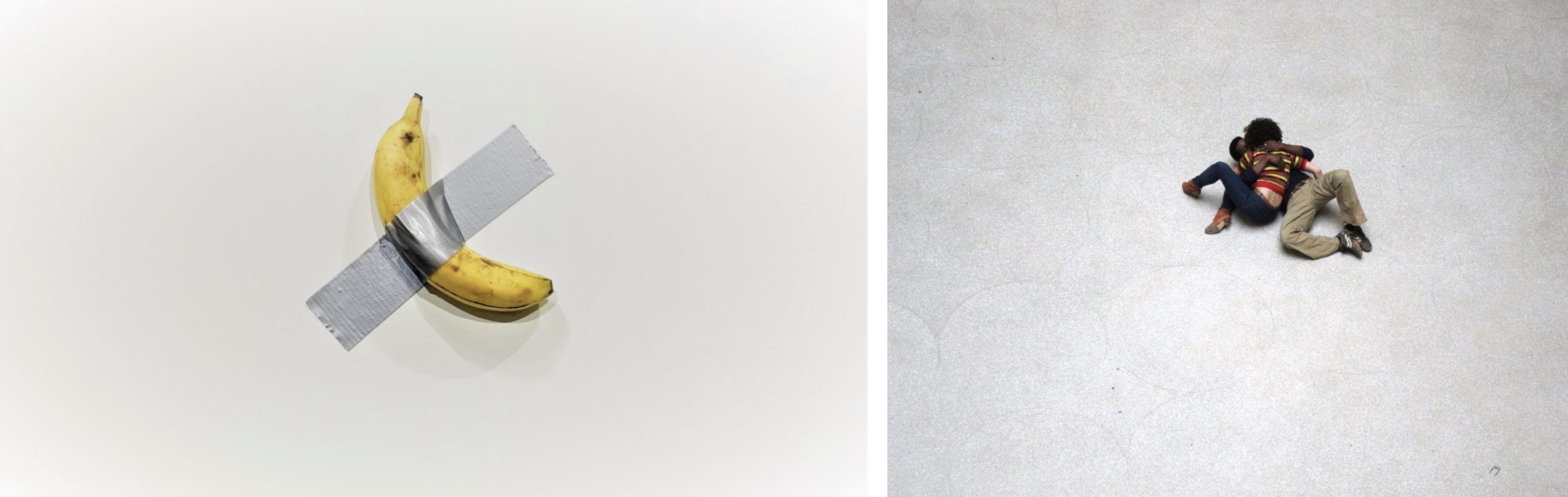 Maurizio Cattelan, Comedian (2018) / Tino sehgal, The Kiss (2003) © Artsy