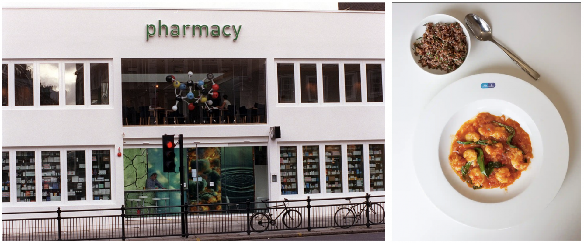 Pharmacy 외관과 내부에서 먹을 수 있는 식사