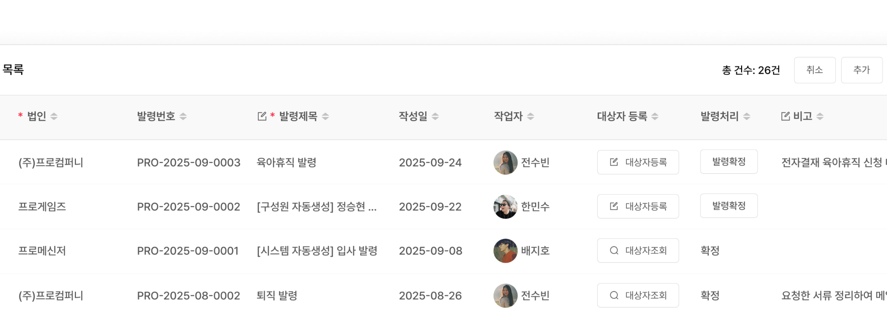입력한 인사발령 내역 자동 저장. 발령명, 작성일, 작업자 등이 기록되는 투명한 관리.