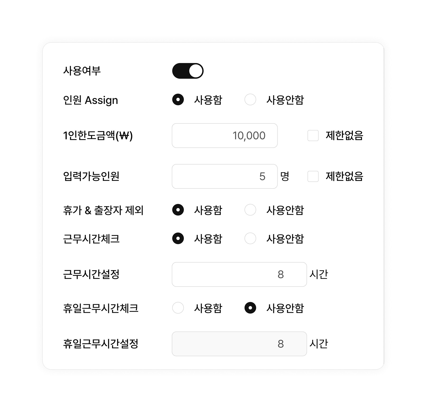 비용내역별 한도・사용 인원・근태 반영 여부 설정