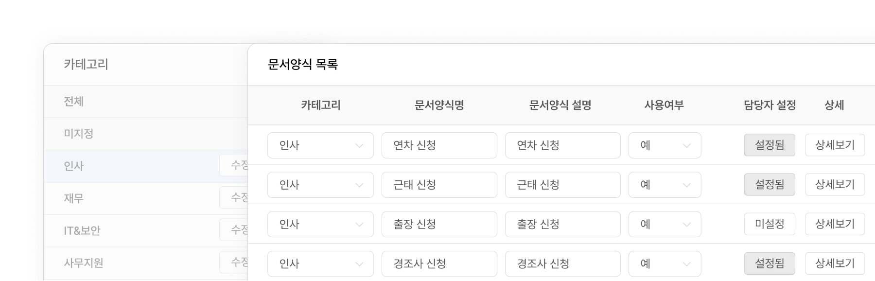 문서 양식별 설정