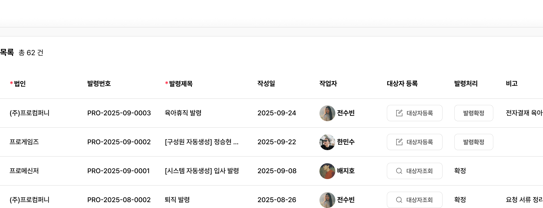 인사발령 세부 내역, 발령일, 작업자가 투명하게 기록되는 발령관리