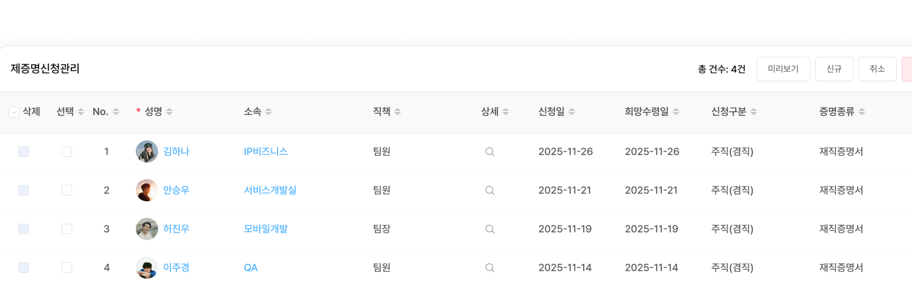 모든 제증명 신청 내역을 인사담당자가 한눈에 확인하여 증명서 오남용 방지