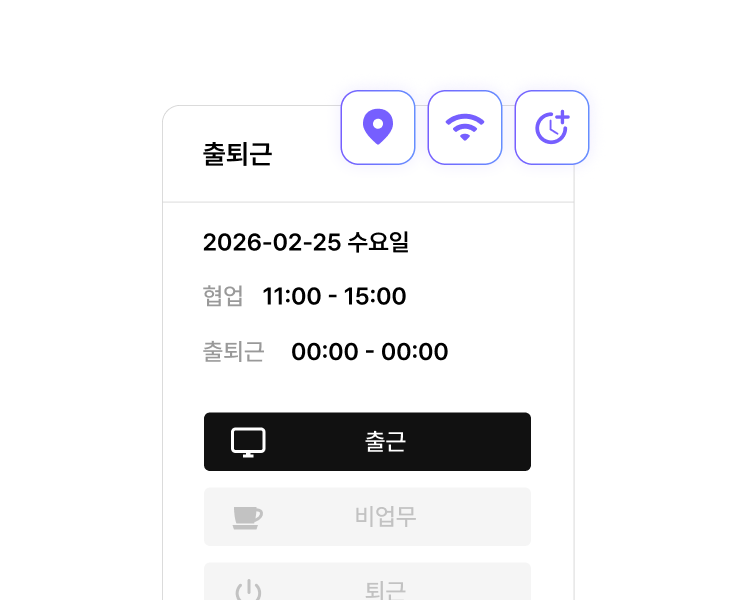 원클릭 출퇴근 기록 화면입니다. 근무시간과 지각 여부는 설정된 법인별 근무제와 GPS, IP 조건을 기준으로 자동 계산됩니다.