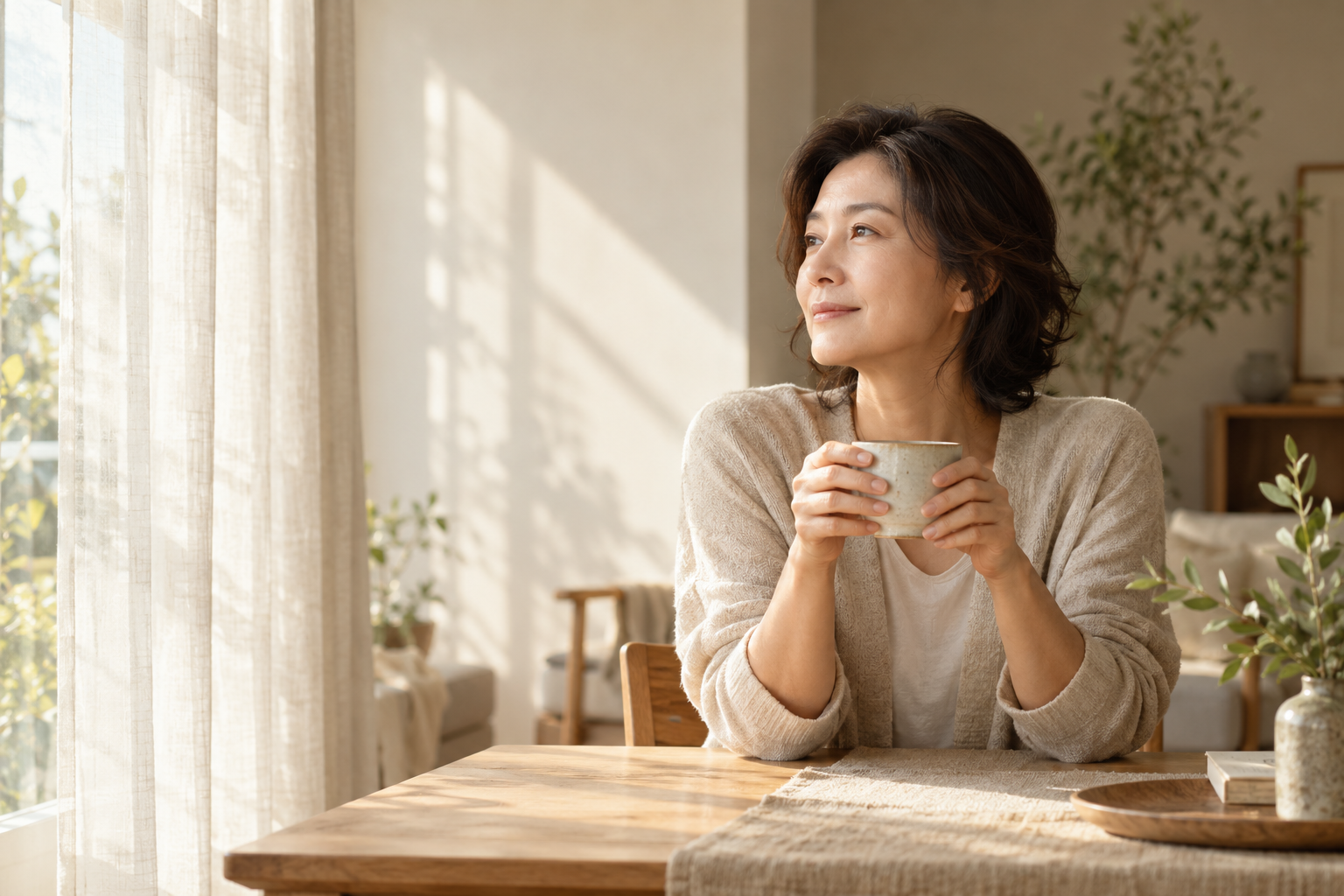 따뜻한 창가에서 차 한 잔과 함께 쉬는 부모의 모습을 표현한 AI 생성 이미지