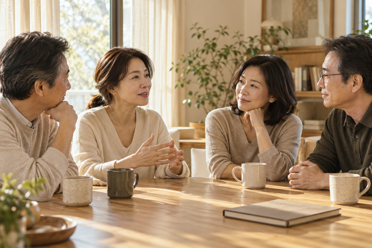 밝고 편안한 공간에서 부모들이 둘러앉아 대화하는 모습을 표현한 AI 생성 이미지
