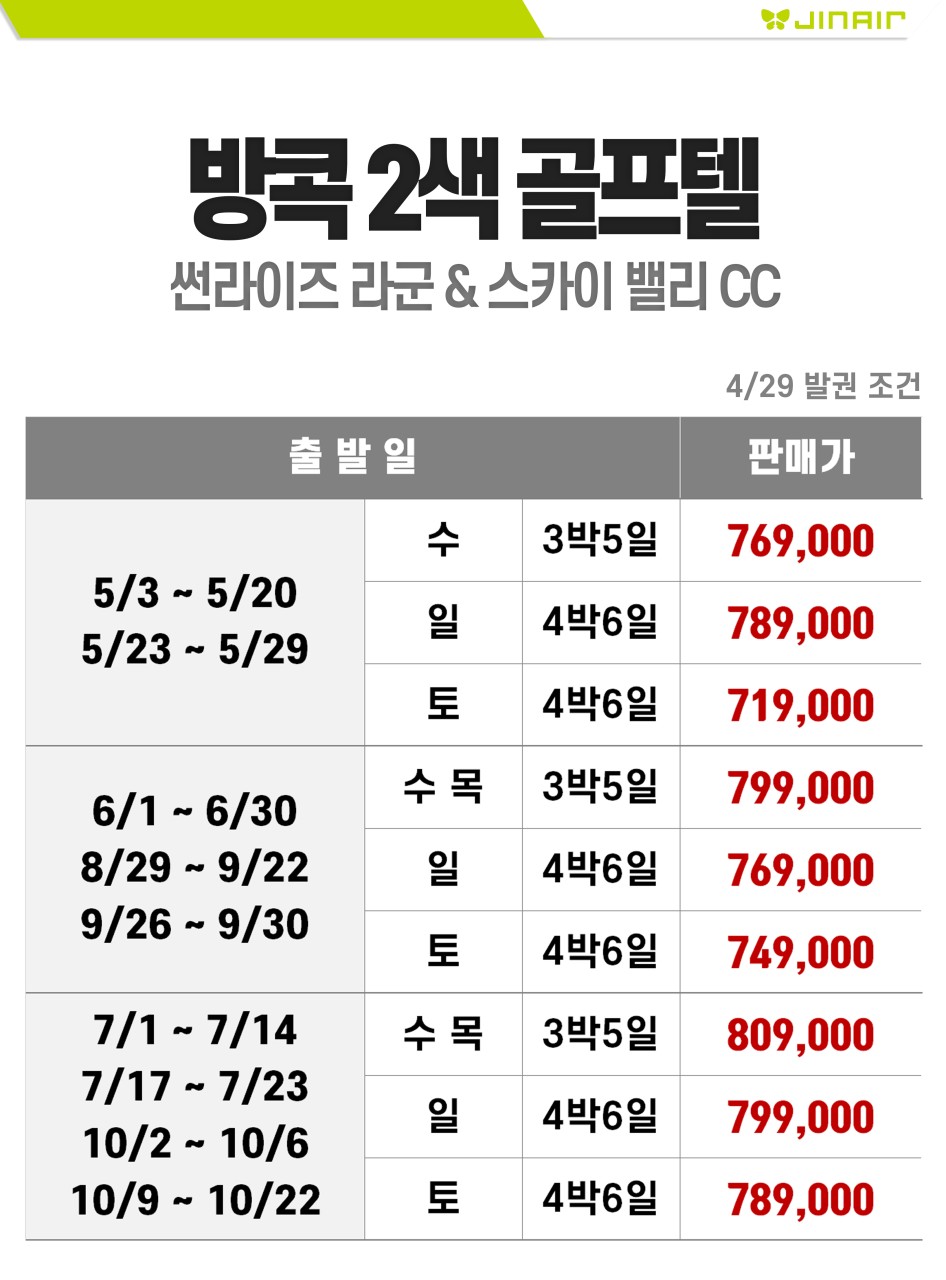 [부산출발- 진에어] 방콕 썬라이즈 &스카이밸리 2색 골프 5일 무제한 #무제한라운드 #2인출발가능