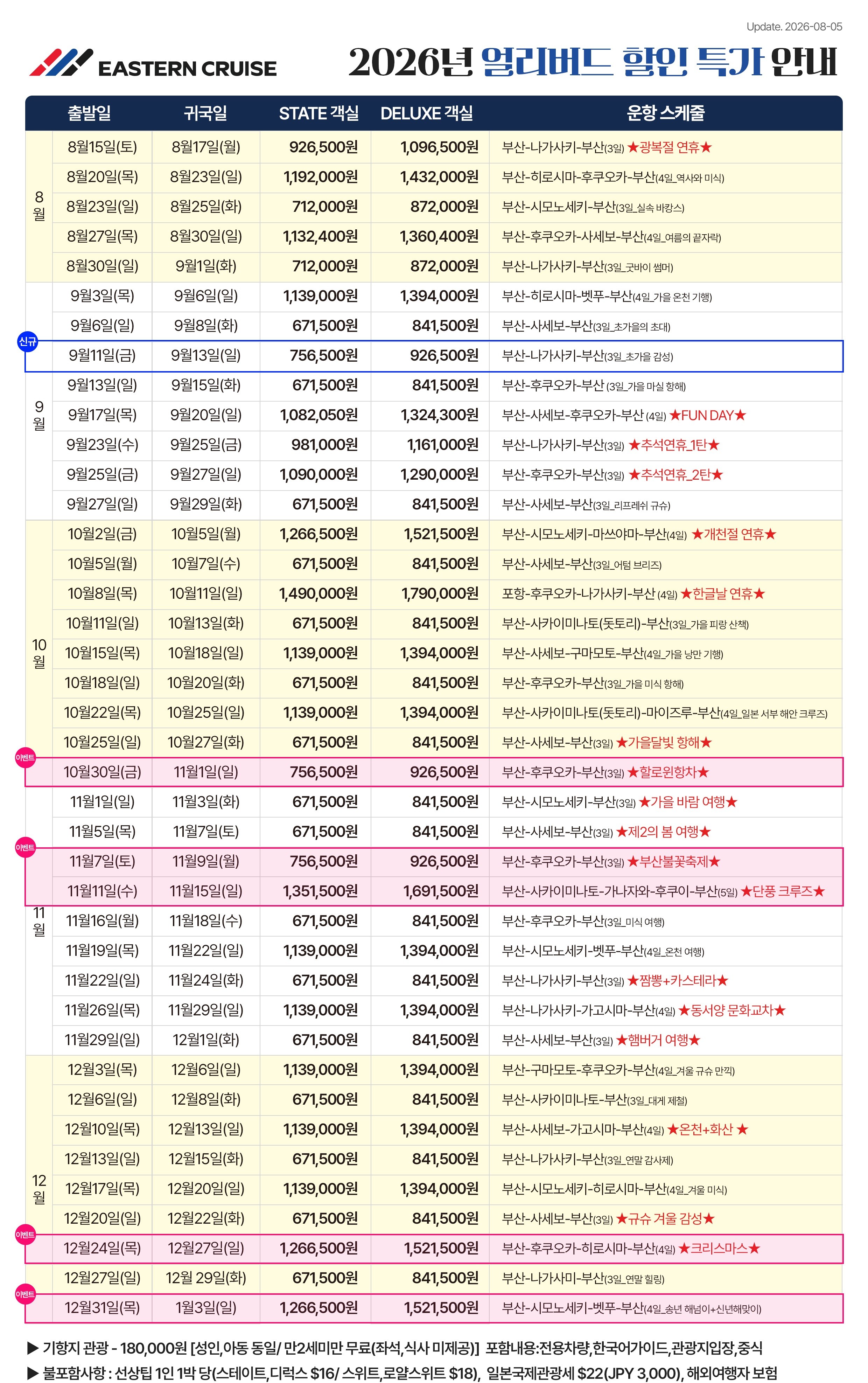 부산출발 크루즈 여행 30% 할인 이스턴 비너스 크루즈 후쿠오카, 나가사키, 히로시마, 마츠야마 기항지 관광 효도여행 2박3일 3박4일