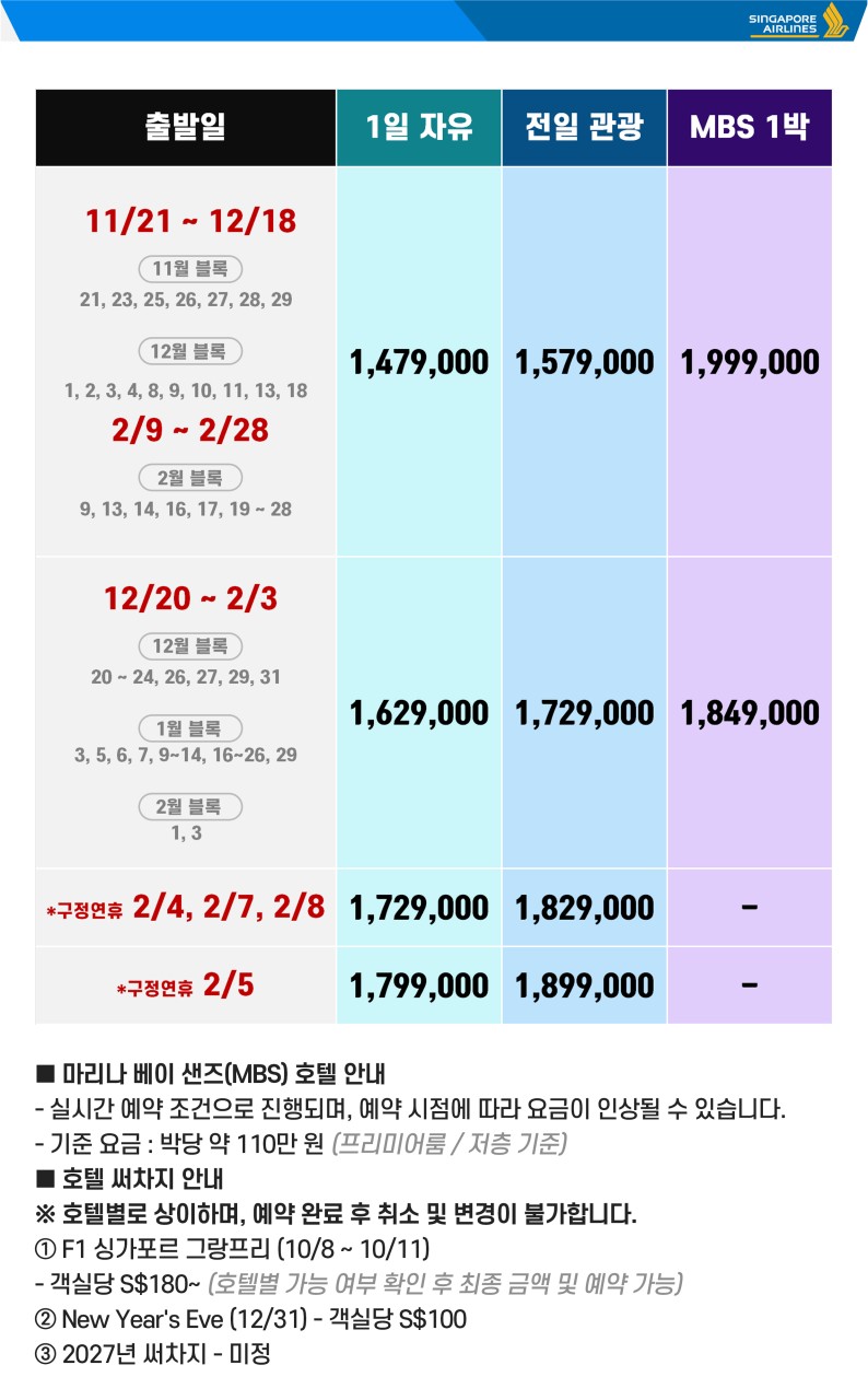 [부산출발- 싱가폴항공] 싱가포르 5일 #전일관광 #가든스바이더베이 #MBS1박 #1일자유