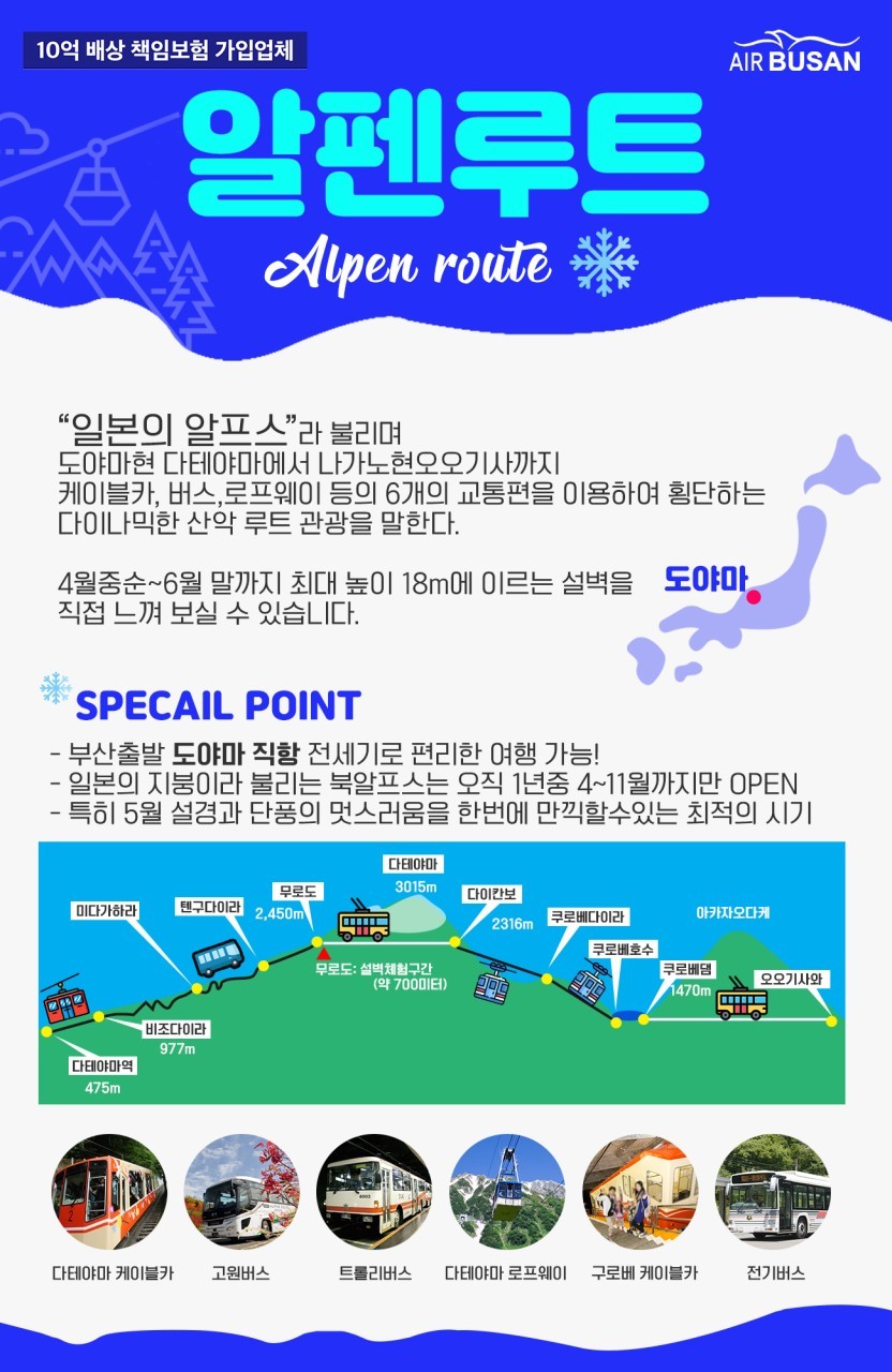 [부산출발] 에어부산 봄에 만나는 설벽 도야마 / 알펜루트 3박4일