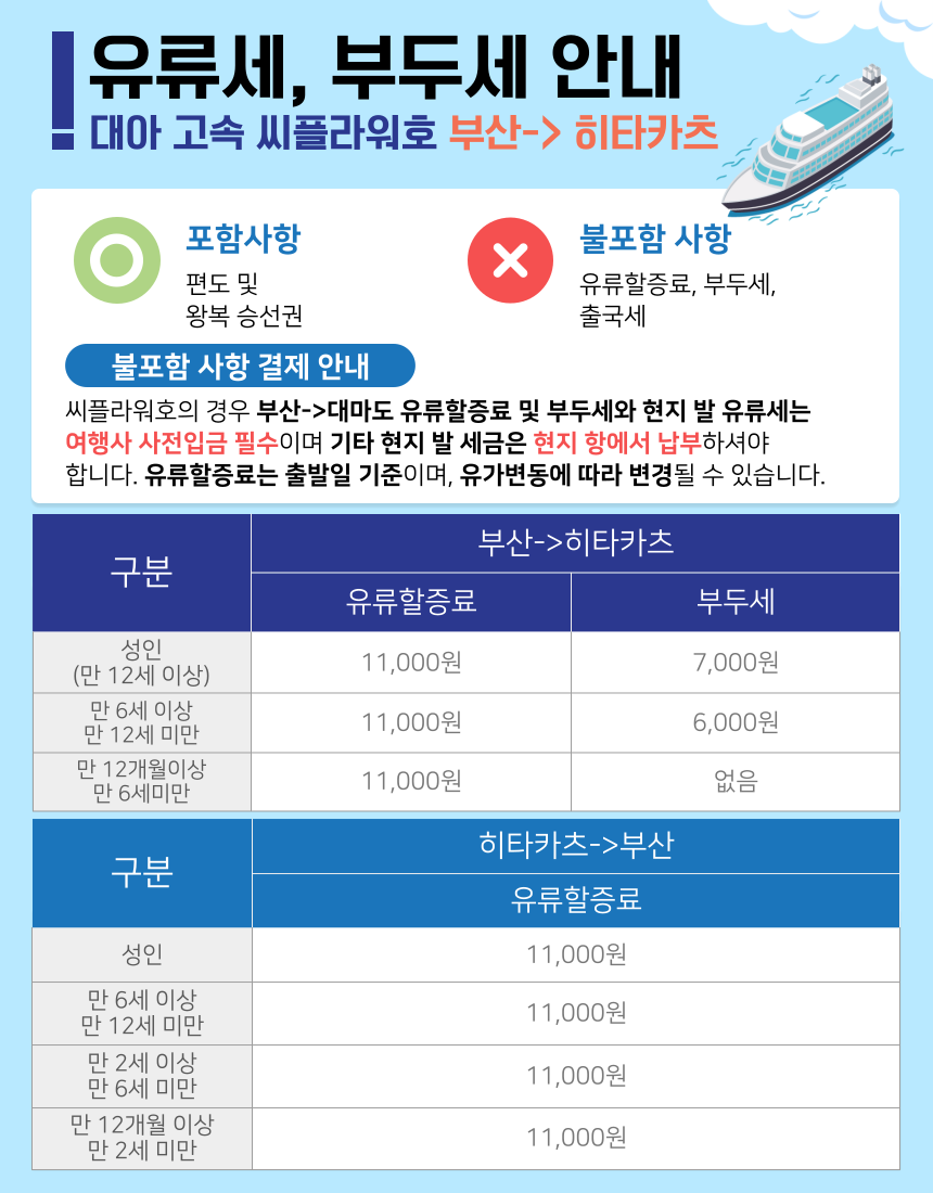 [특가할인중]씨플라워호 승선권 | 2026년 8월-9월 평일 대마도 배편 왕복 승선권 부산 출발 대마도 히타카츠 이즈하라 당일치기 1박 2일