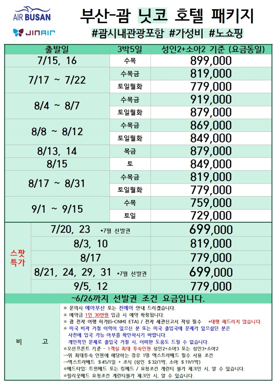 [부산출발 - 에어부산 또는 진에어] 괌 닛코 패케지 5일 #시내관광 #가성비 #노쇼핑