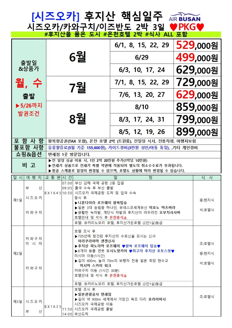 [부산출발-에어부산] 시즈오카 후지산 핵심일주 3일 / 4일 PKG