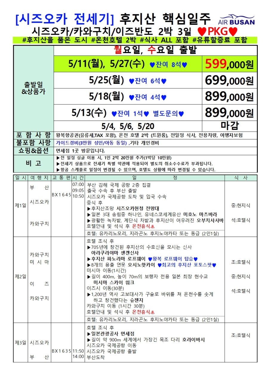 [부산출발-에어부산] 시즈오카 후지산 핵심일주 3일 / 4일 PKG