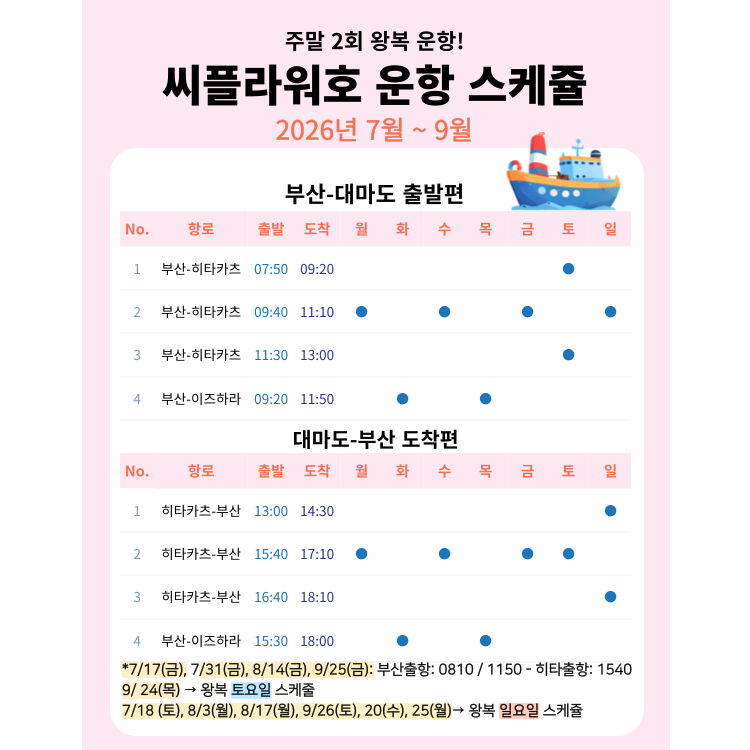 씨플라워호 승선권 | 2026년 7월 평일 대마도 배편 왕복 승선권 부산 출발 대마도 히타카츠 이즈하라 당일치기 1박 2일