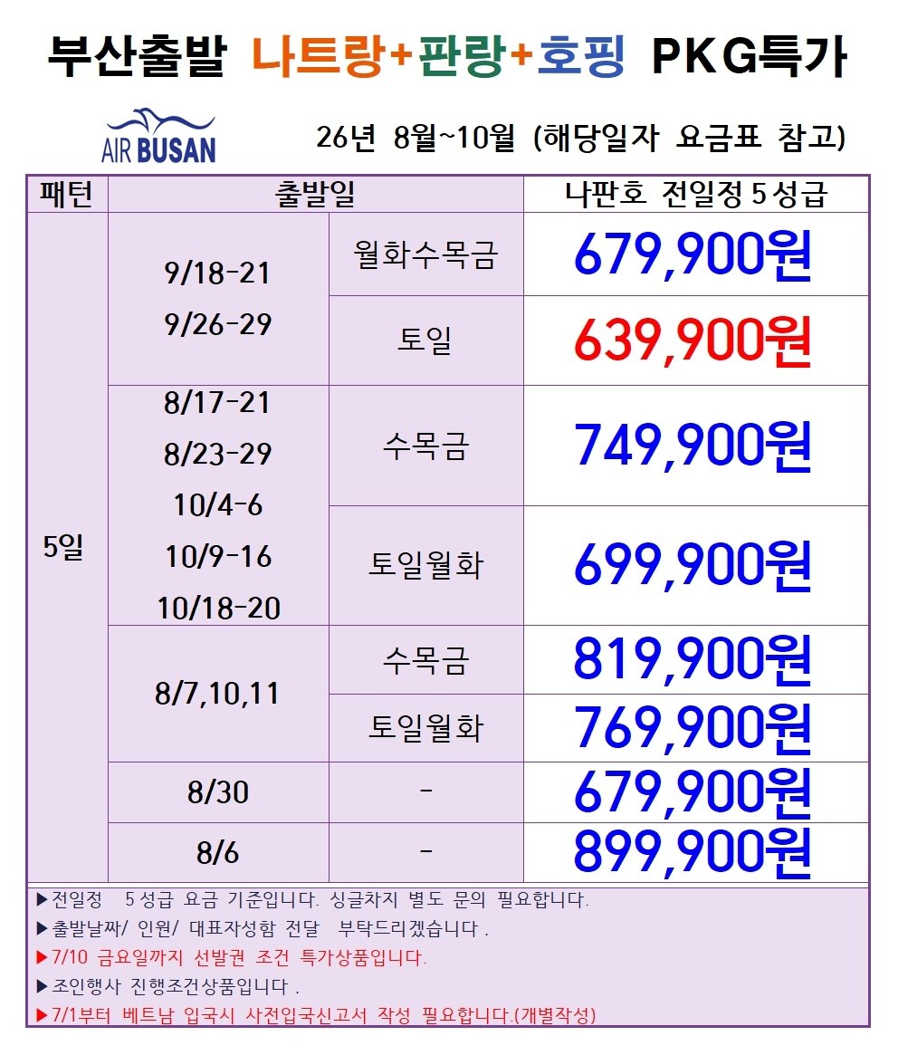 [부산 출발 - 에어부산] 나트랑+판랑+호핑 5일 #노팁#베스트셀러 #특급호텔