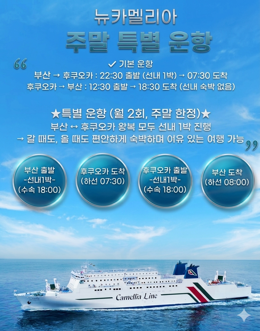 뉴카멜리아05월 - 07월 부산 후쿠오카 배편 편도 / 왕복승선권