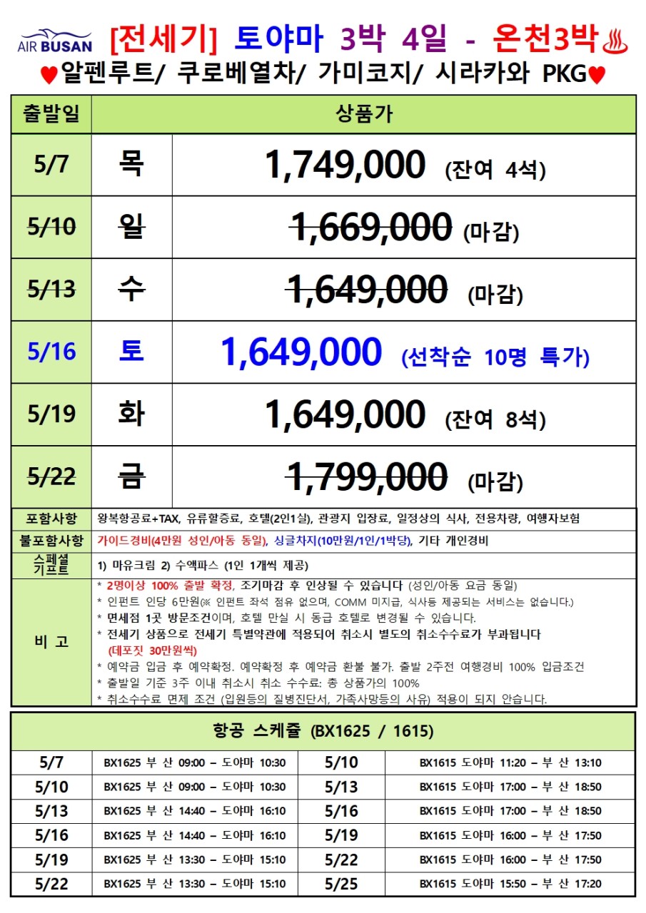 [부산출발] 에어부산 봄에 만나는 설벽 도야마 / 알펜루트 3박4일