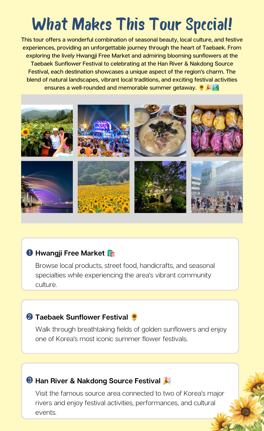 8/1 Taebaek Source of the Hangang & Nakdonggang Rivers Festival & Sunflower Festival Tour