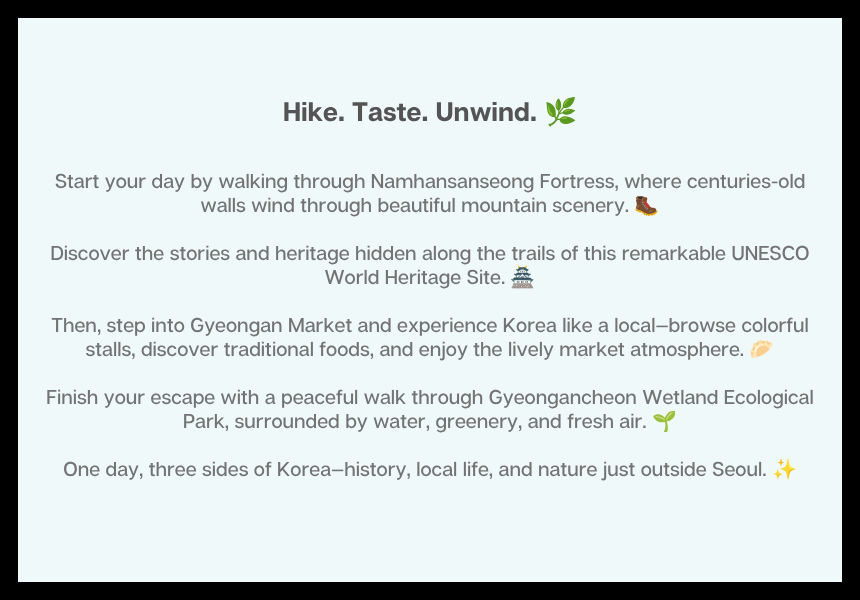 [8/29] <EG Tour> Namhansanseong Adventure: UNESCO Fortress, Views & Local Flavors