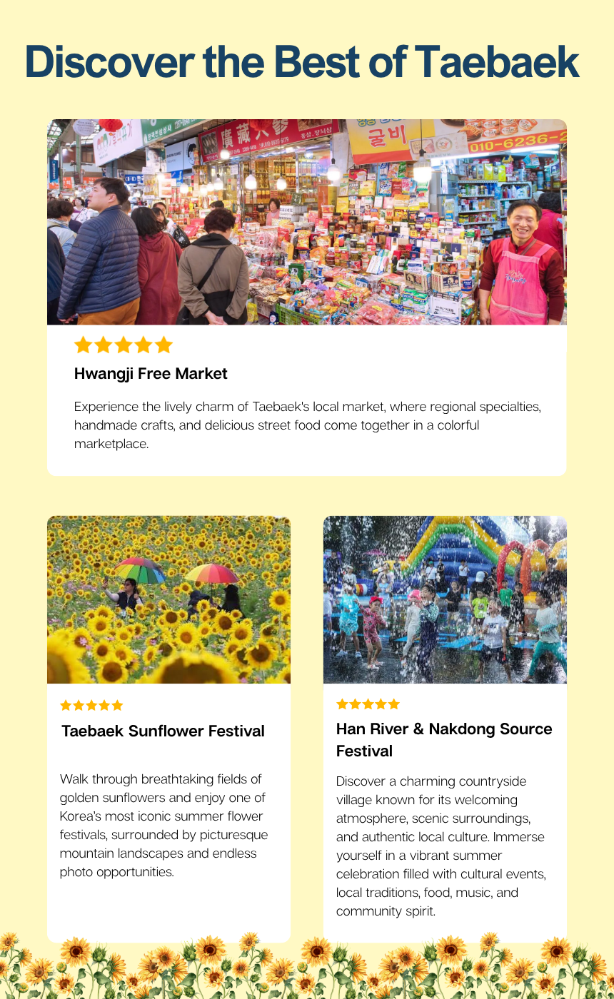8/1 Taebaek Source of the Hangang & Nakdonggang Rivers Festival & Sunflower Festival Tour