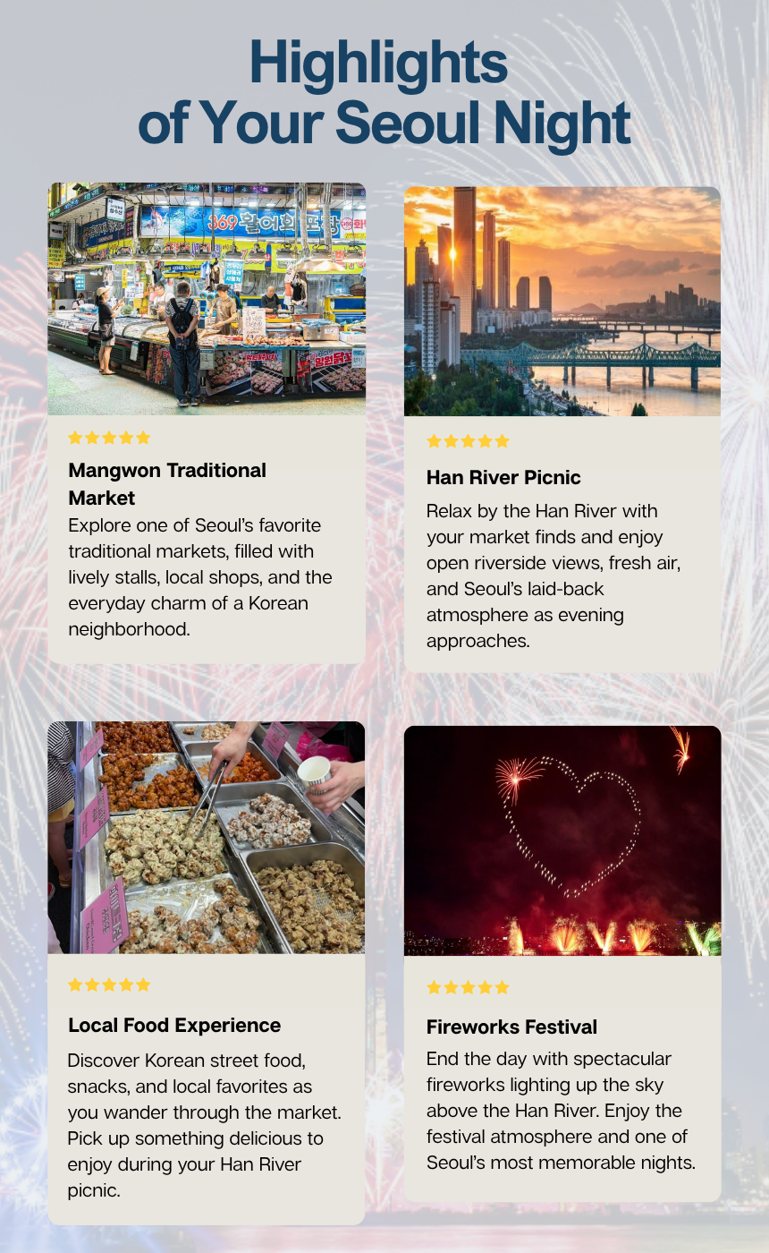 [9/5]Seoul Fireworks Night: Mangwon Market & Han River Picnic