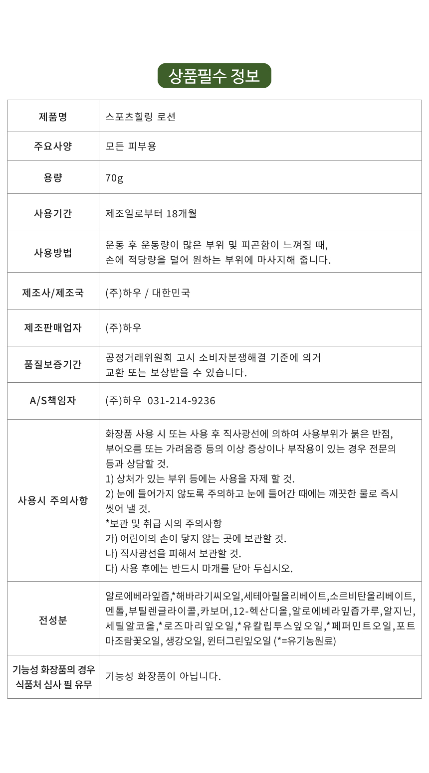 페퍼민트 스포츠힐링 로션 70g 리커버리크림 발열크림 파스대체품 온열크림