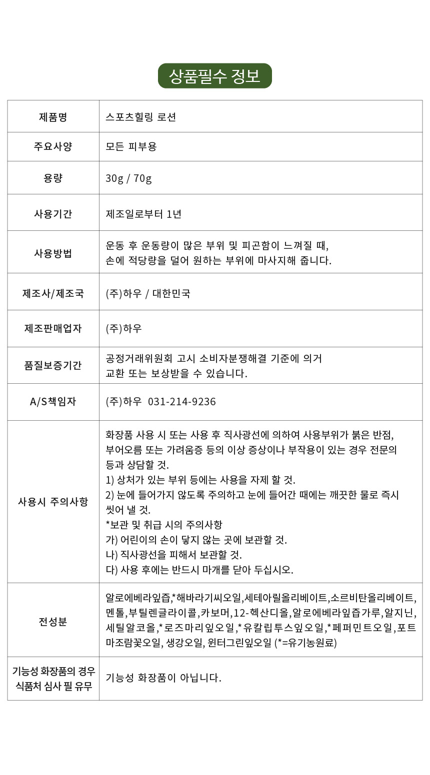 페퍼민트 스포츠힐링 로션 70g 리커버리크림 발열크림 파스대체품 온열크림