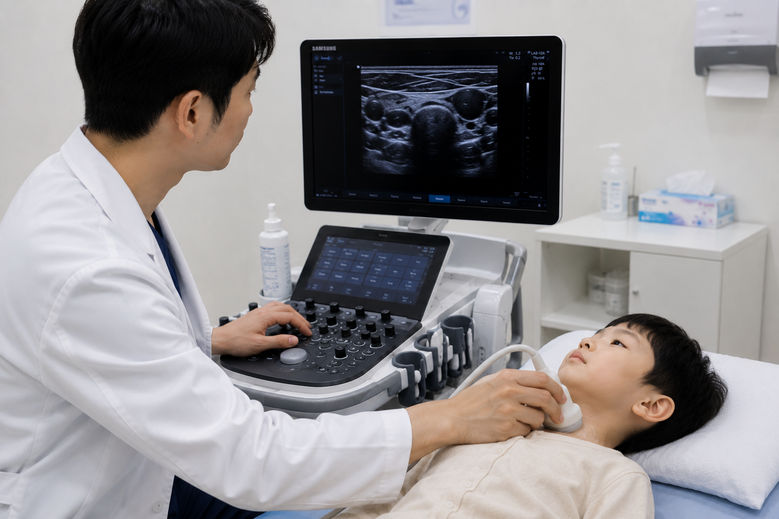 소아 경부 림프절초음파 검사 장면