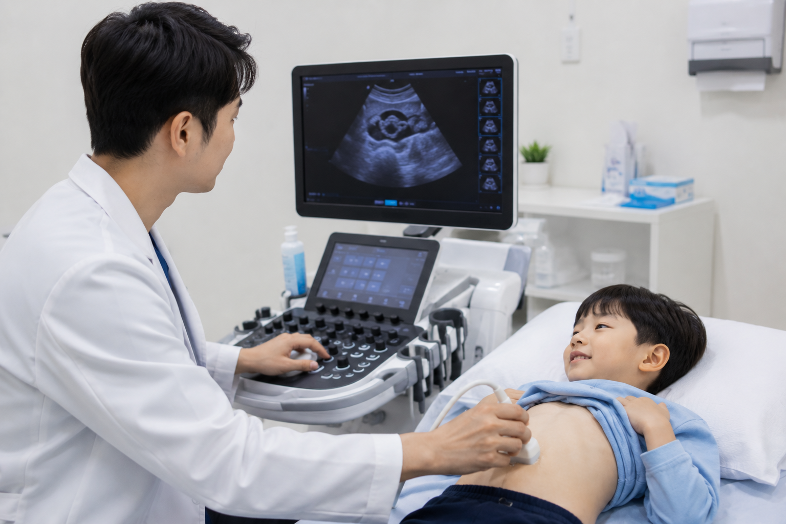 소아 복부초음파 검사 장면