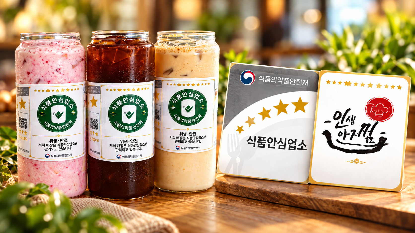 식품안심업소 인증 홍보 스티커 디자인과 실제 매장 활용 예시
