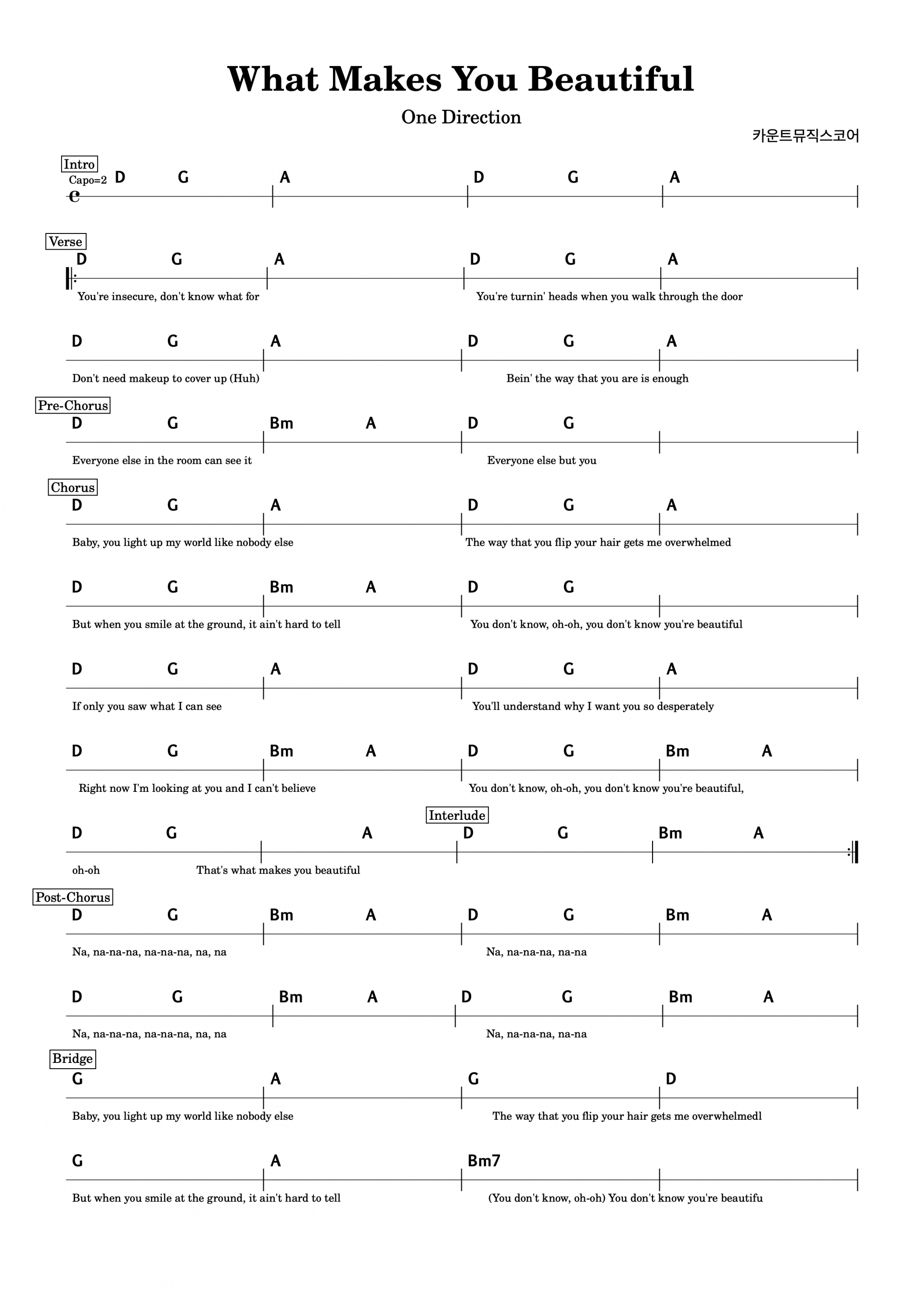 What Makes You Beautiful(왓메이크스유뷰리플)-One Direction(원디렉션) 기타코드악보 :  카운트베이시실용음악학원