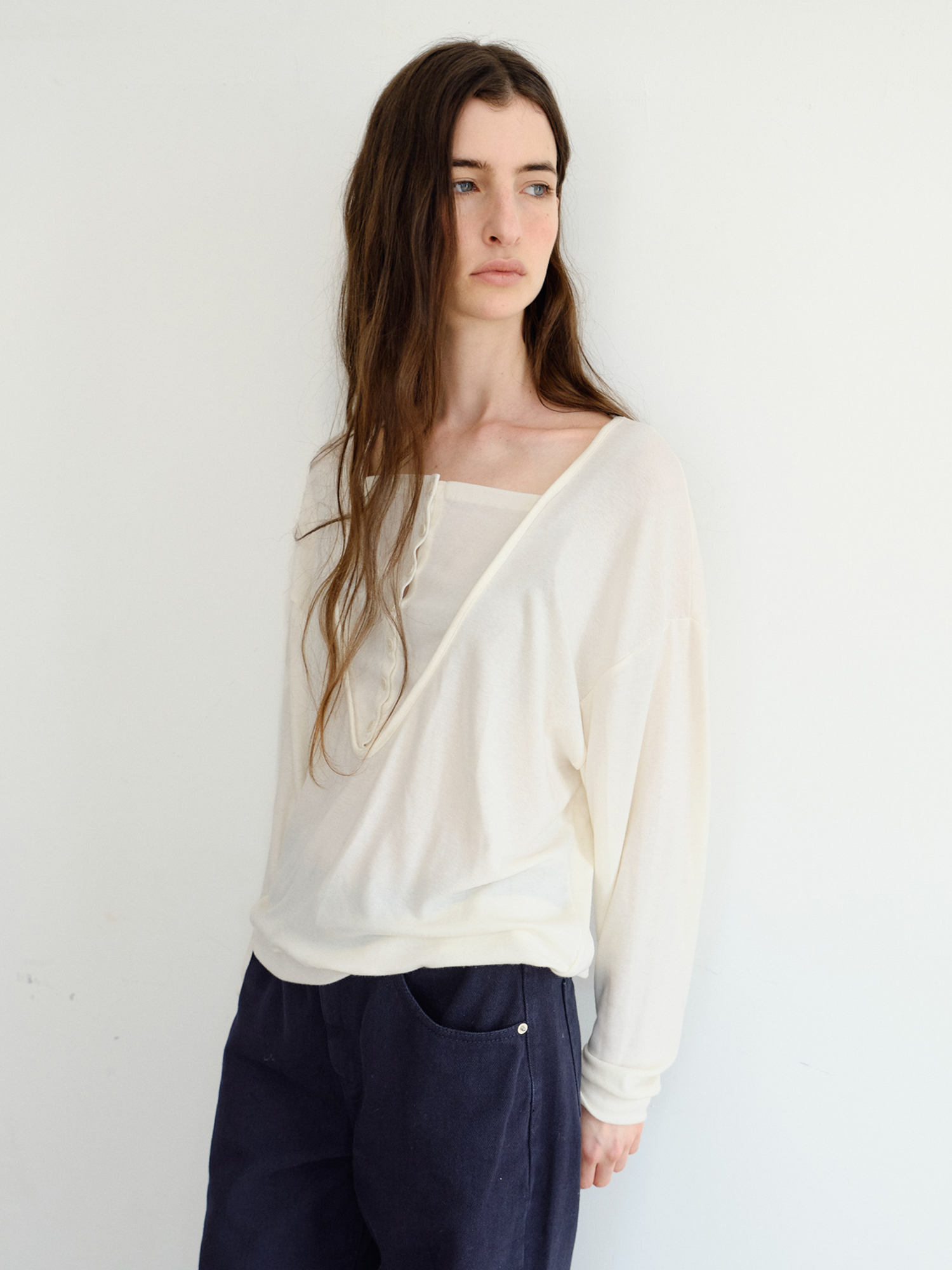 Leno Wool V-neck T-shirt [Ivory]