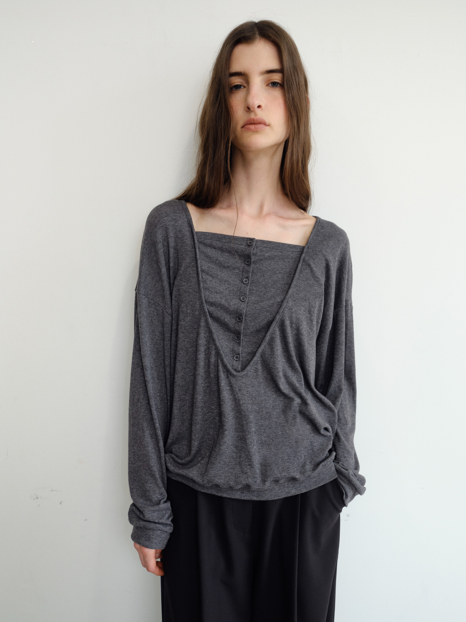 Leno Wool V-neck T-shirt [Gray]