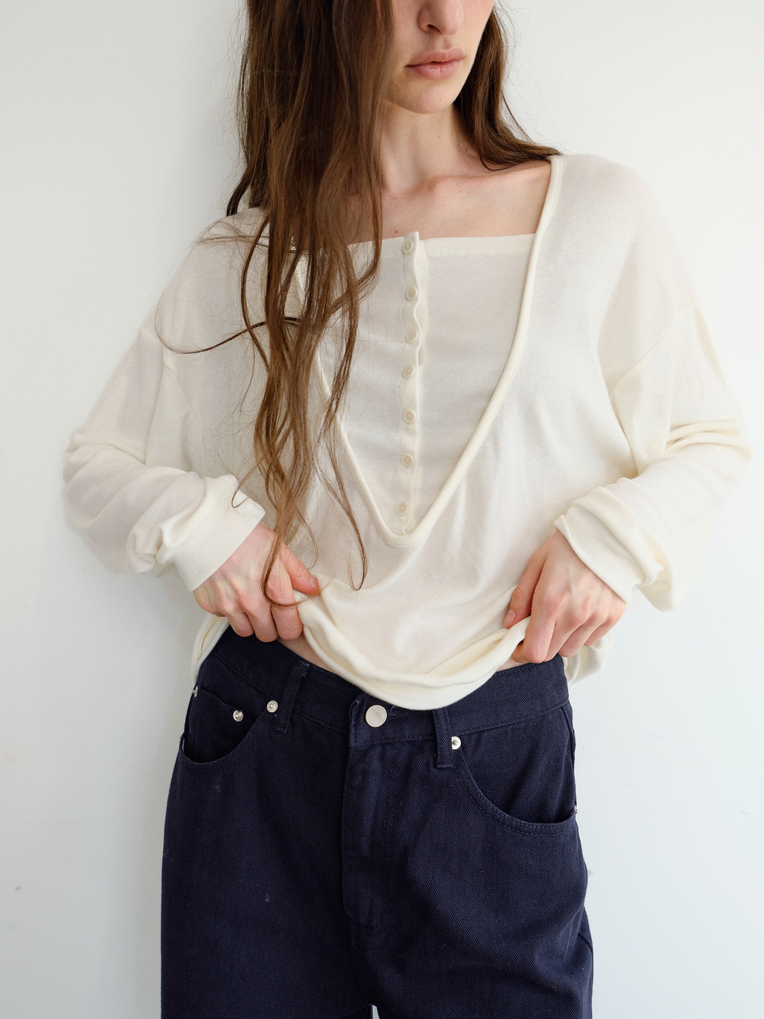 Leno Wool V-neck T-shirt [Ivory]