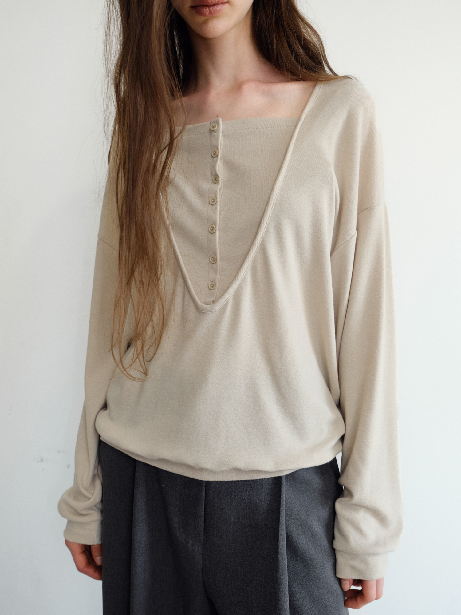 Leno Wool V-neck T-shirt [Beige]