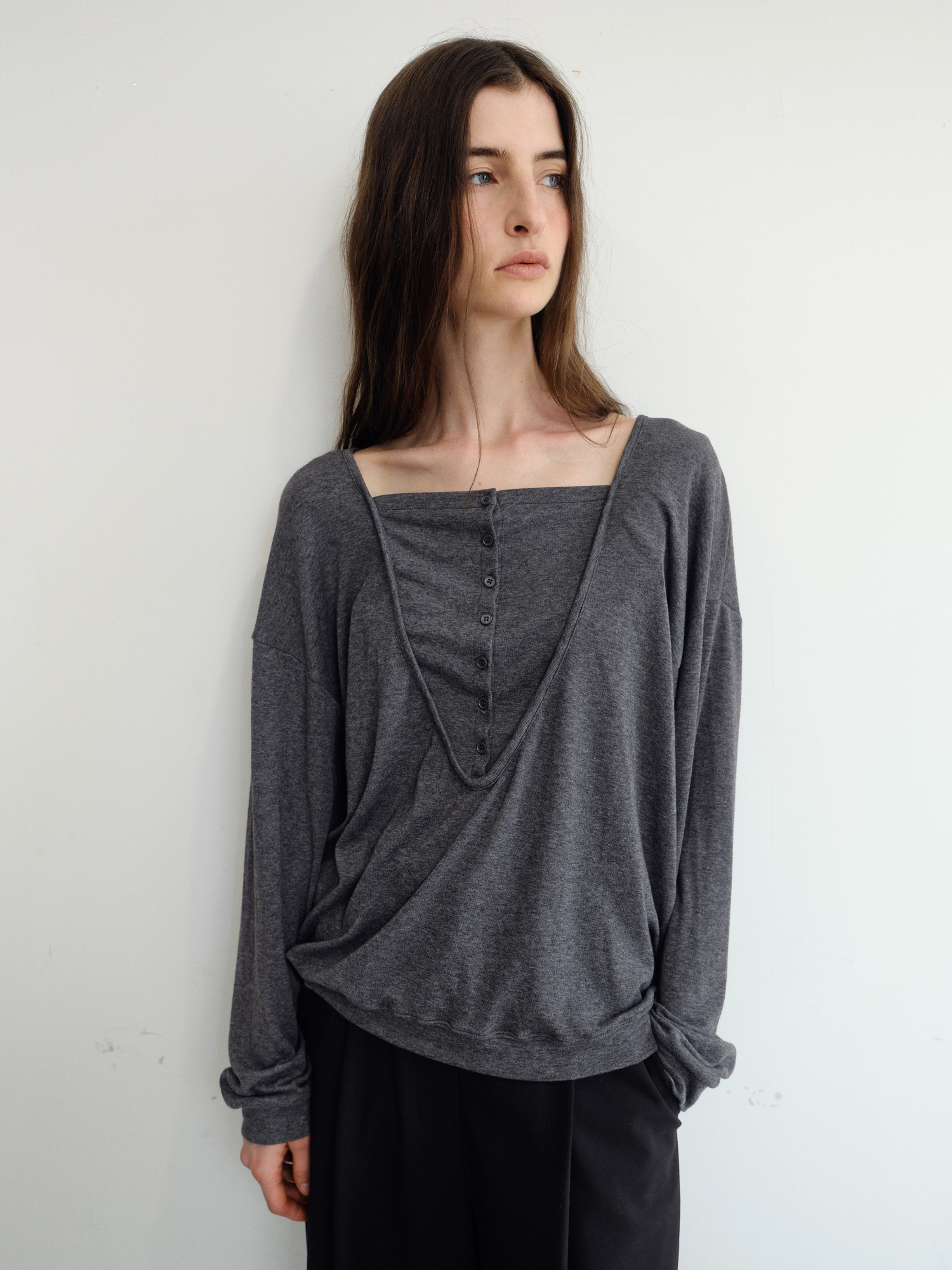Leno Wool V-neck T-shirt [Gray]