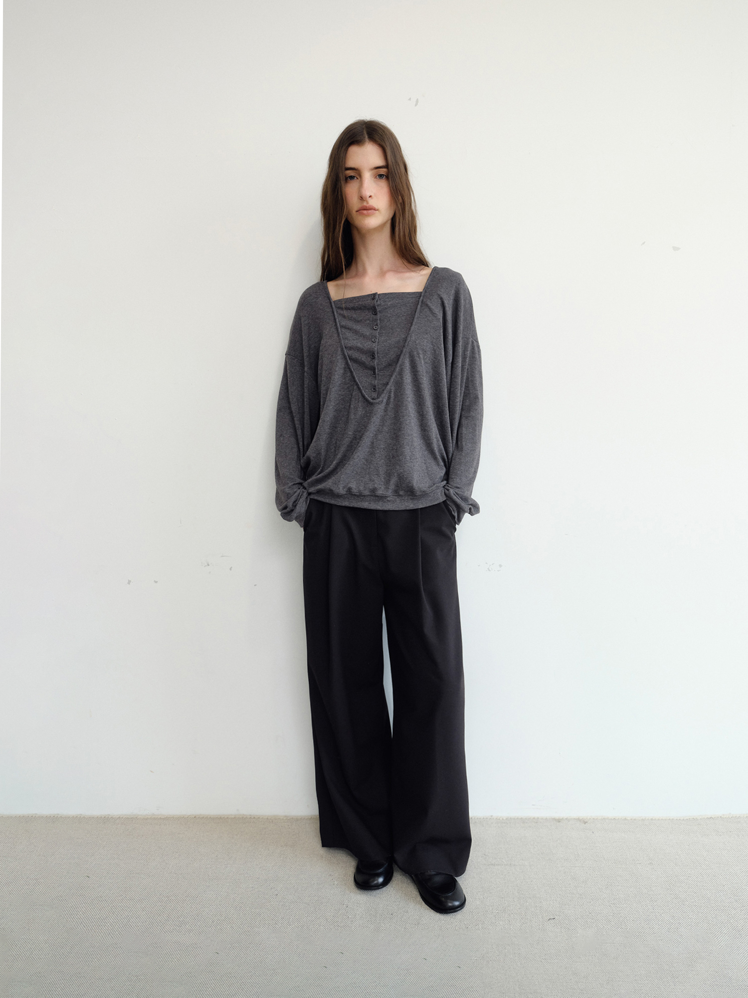 Leno Wool V-neck T-shirt [Gray]