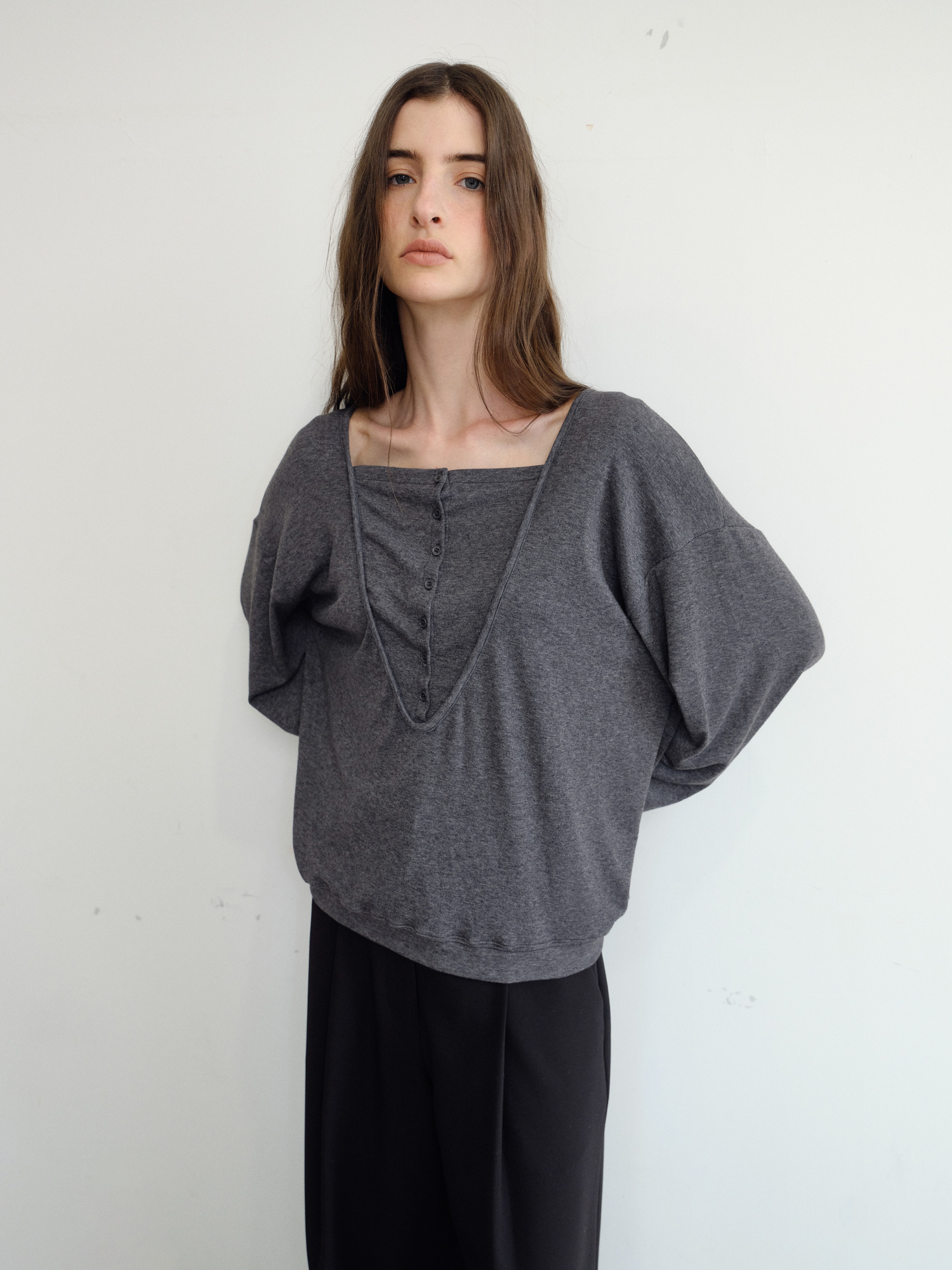 Leno Wool V-neck T-shirt [Gray]
