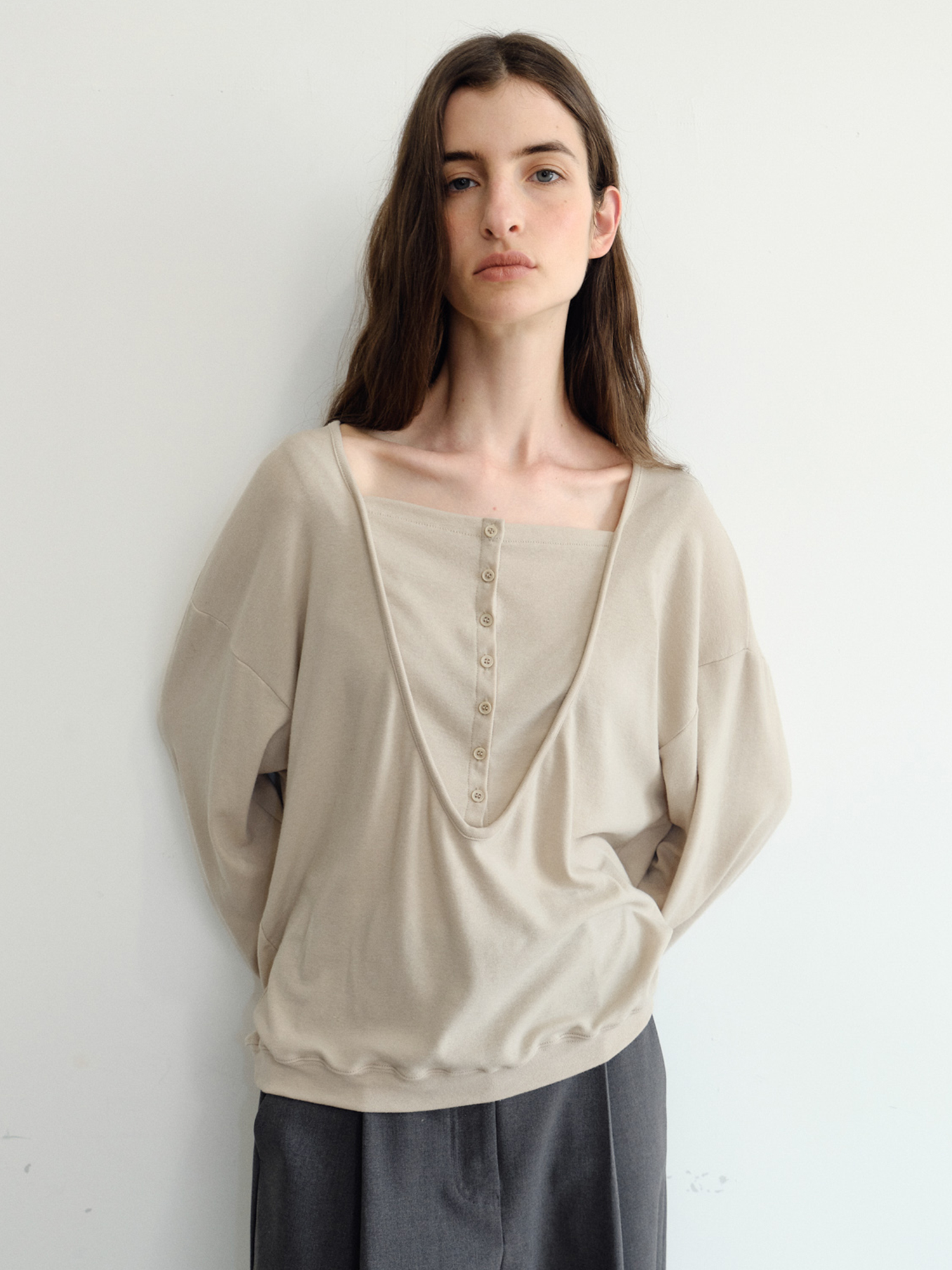 Leno Wool V-neck T-shirt [Beige]