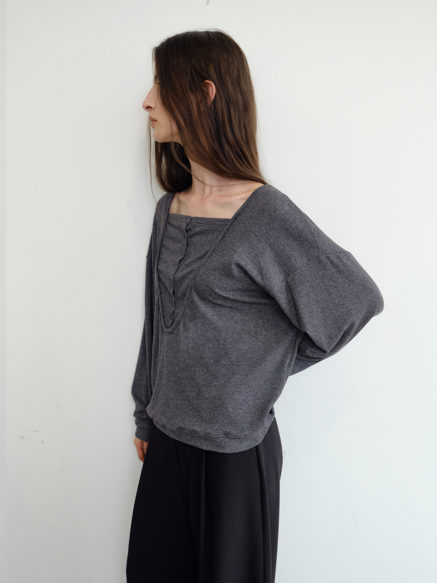 Leno Wool V-neck T-shirt [Gray]