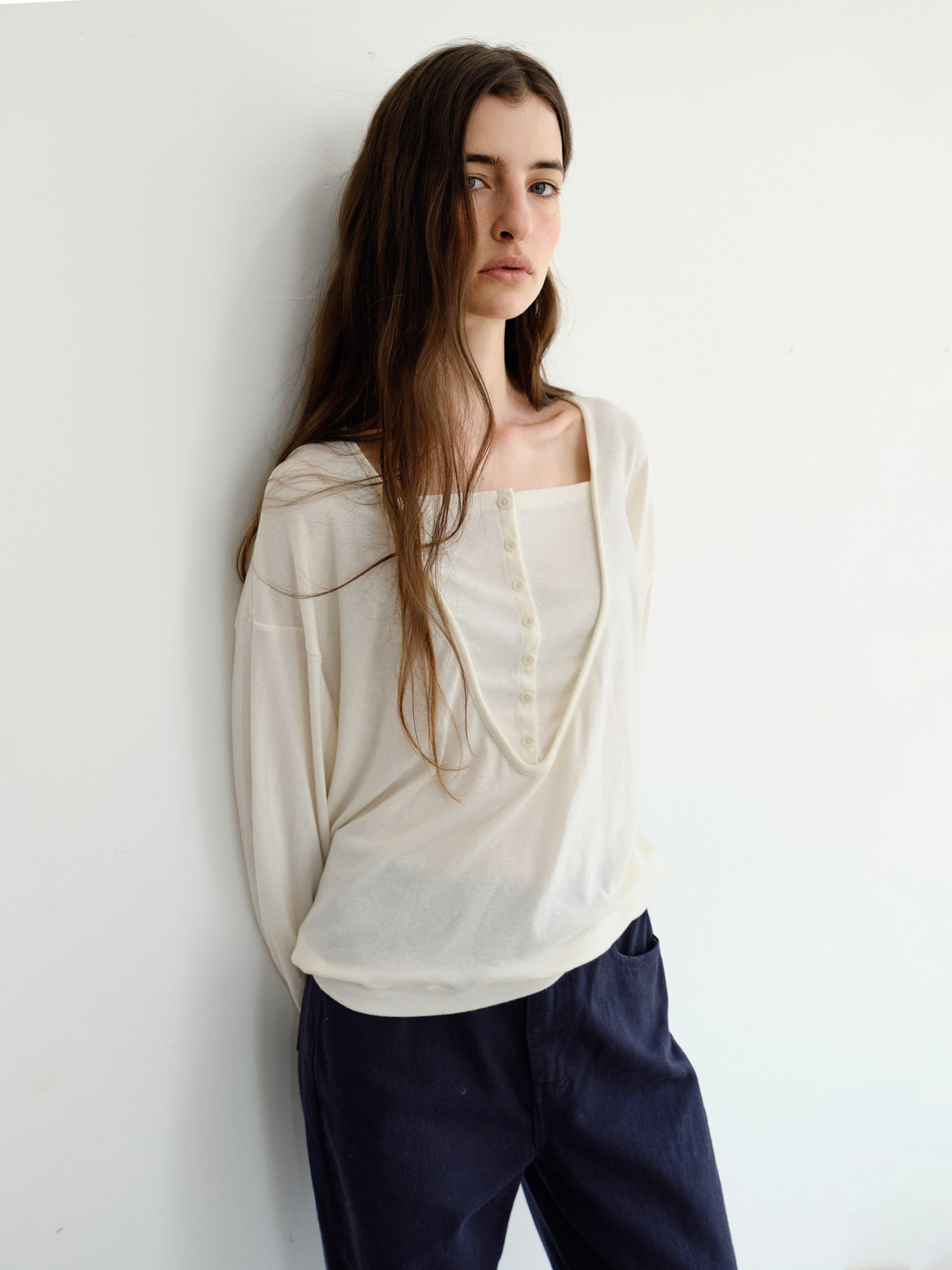 Leno Wool V-neck T-shirt [Ivory]