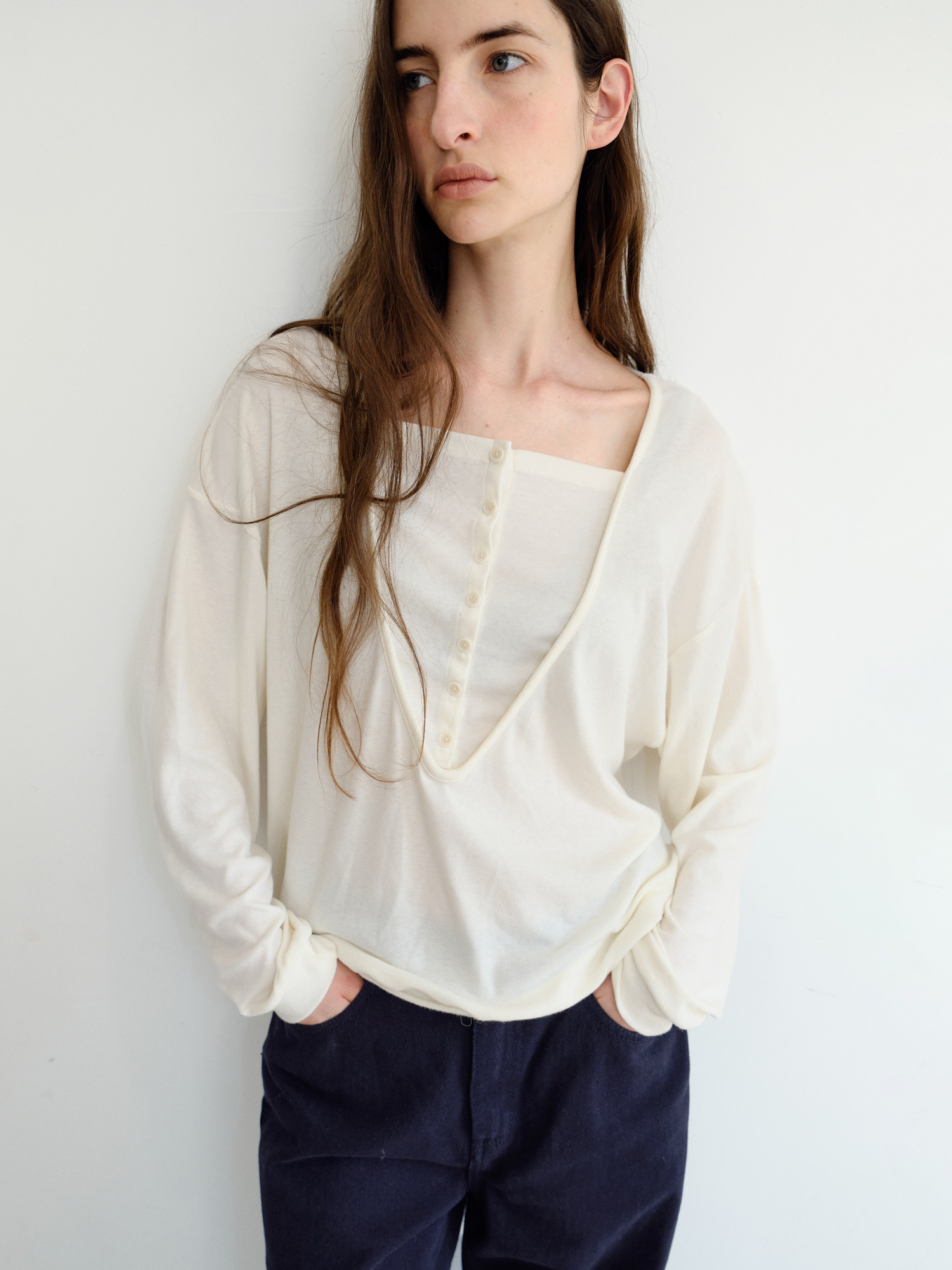 Leno Wool V-neck T-shirt [Ivory]