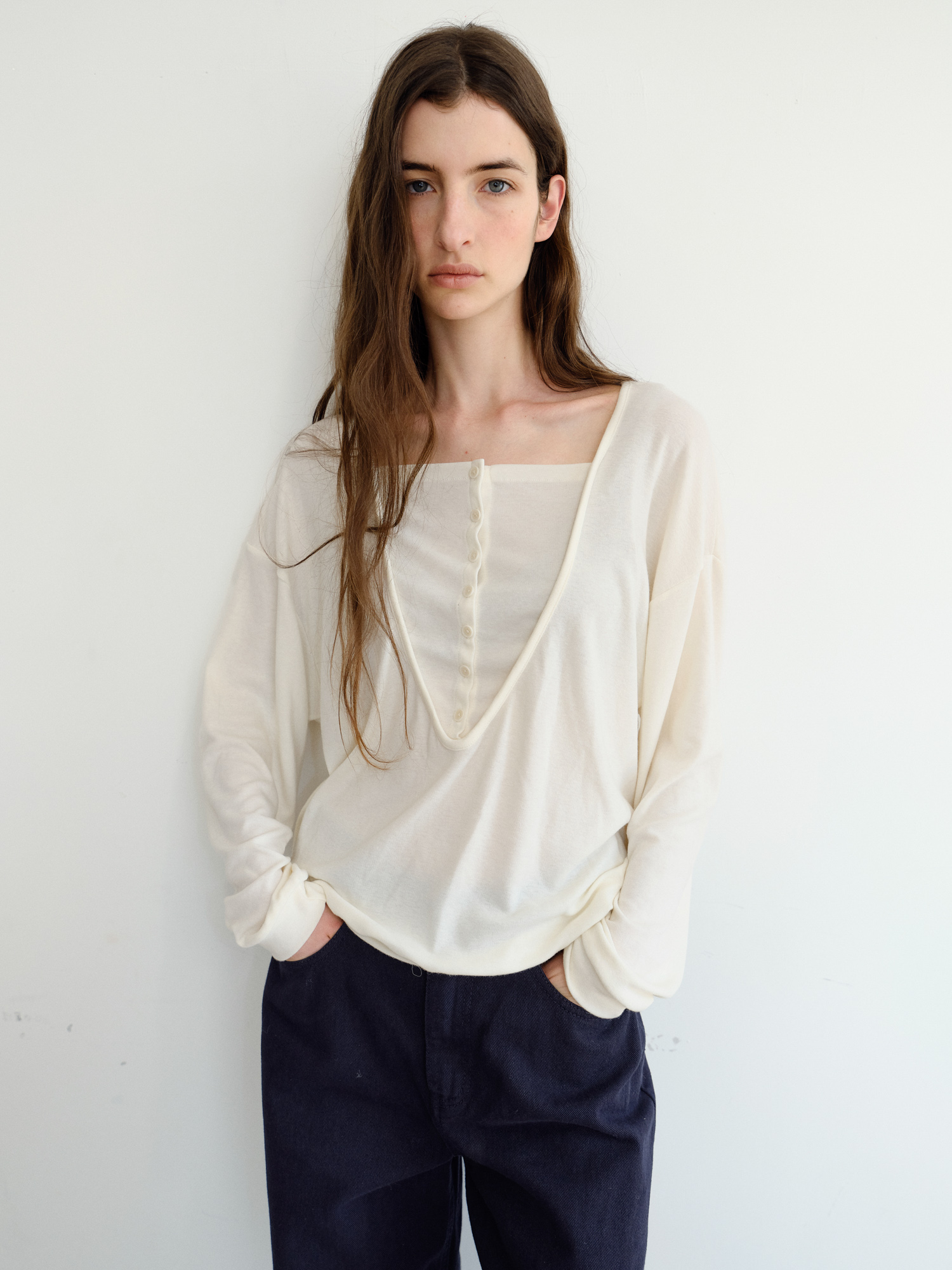 Leno Wool V-neck T-shirt [Ivory]