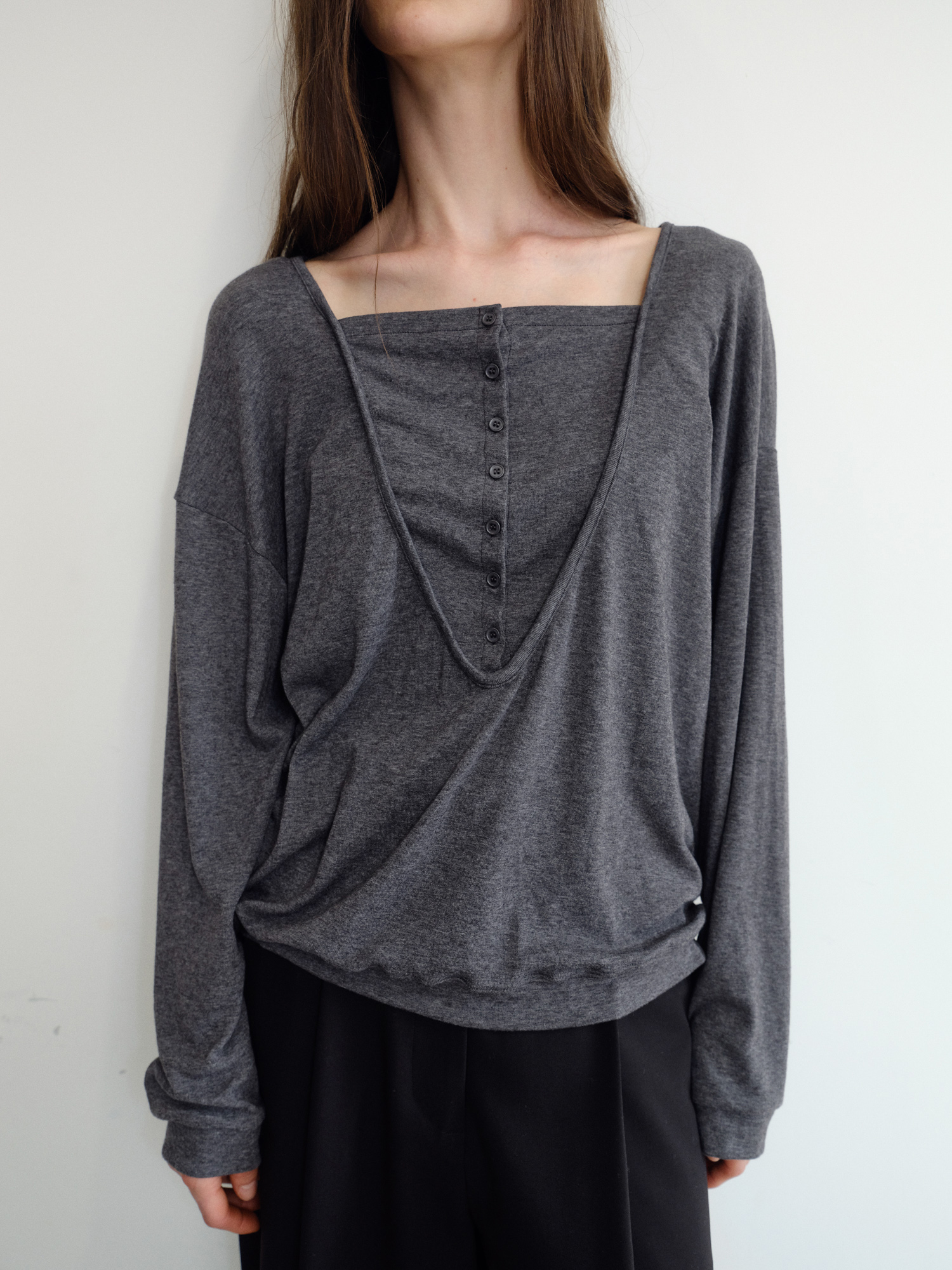Leno Wool V-neck T-shirt [Gray]