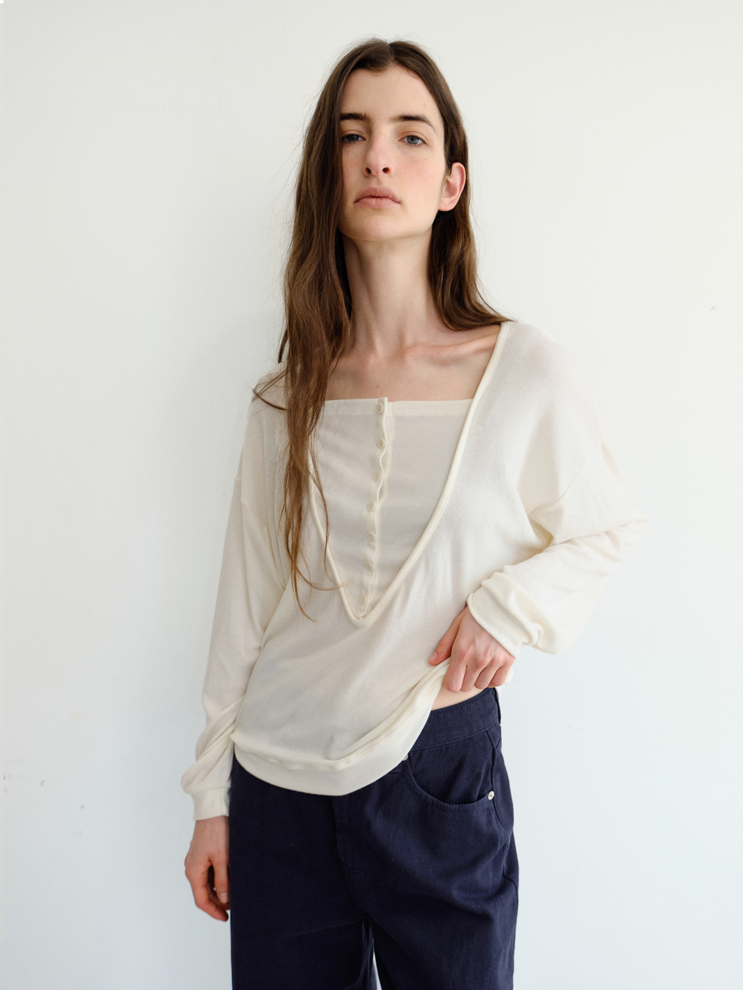 Leno Wool V-neck T-shirt [Ivory]